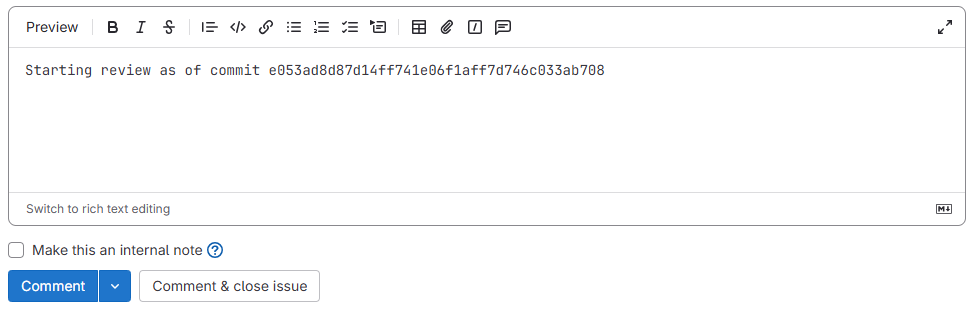 Screenshot of a comment on the review issue with the commit SHA pasted