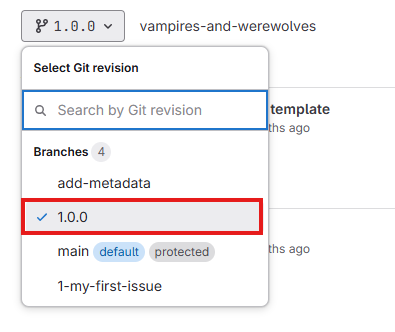 Screenshot of the menu to use to navigate to your 1.0.0 branch commits