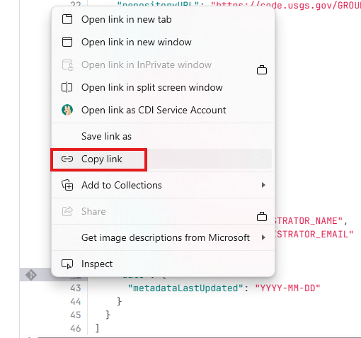 Screenshot of right-clicking on a line of code and selecting `Copy Link`