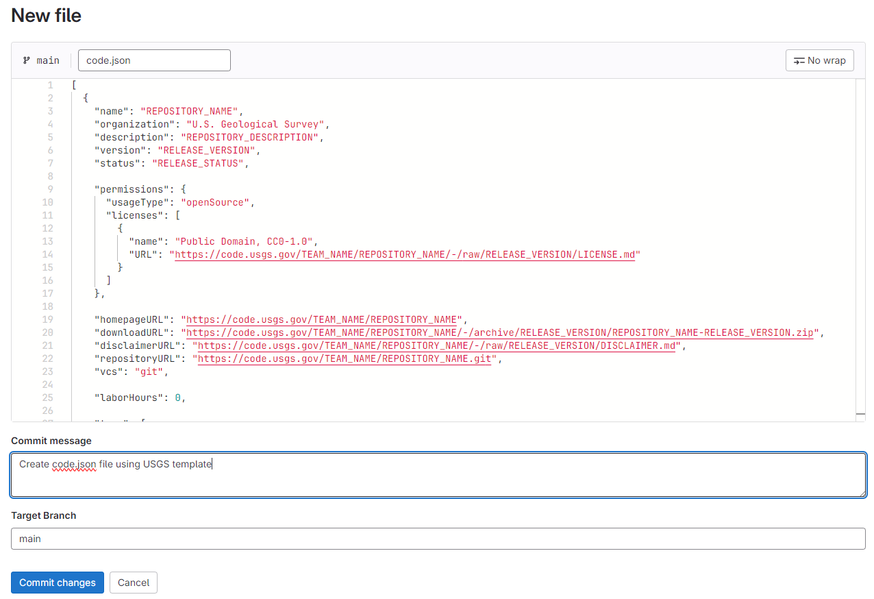 Screenshot of writing a commit message for adding the code.json file to a GitLab repository