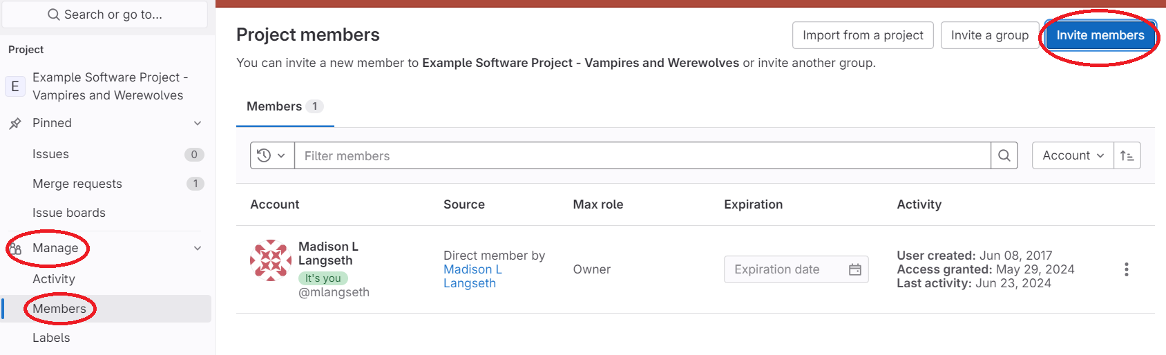 screenshot of repository page with Manage then Members selected, showing how to add Collaborators in a GitLab repository