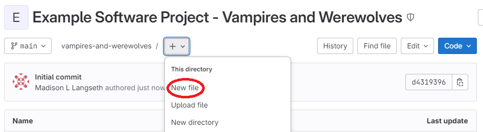 Screenshot showing a red circle around where to click to create a new file in a GitLab repository