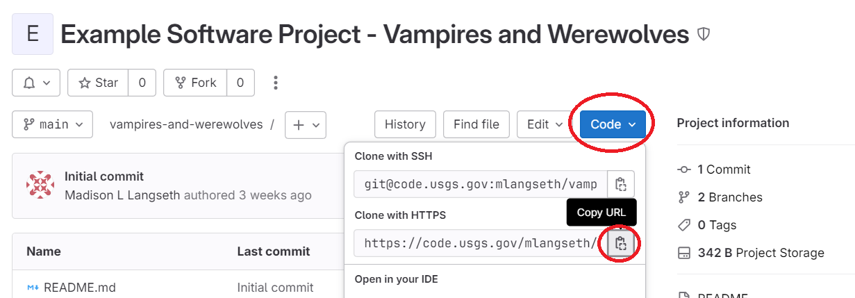 screenshot of the repository page with the Code menu opened and showing the copy button under Clone with HTTPS