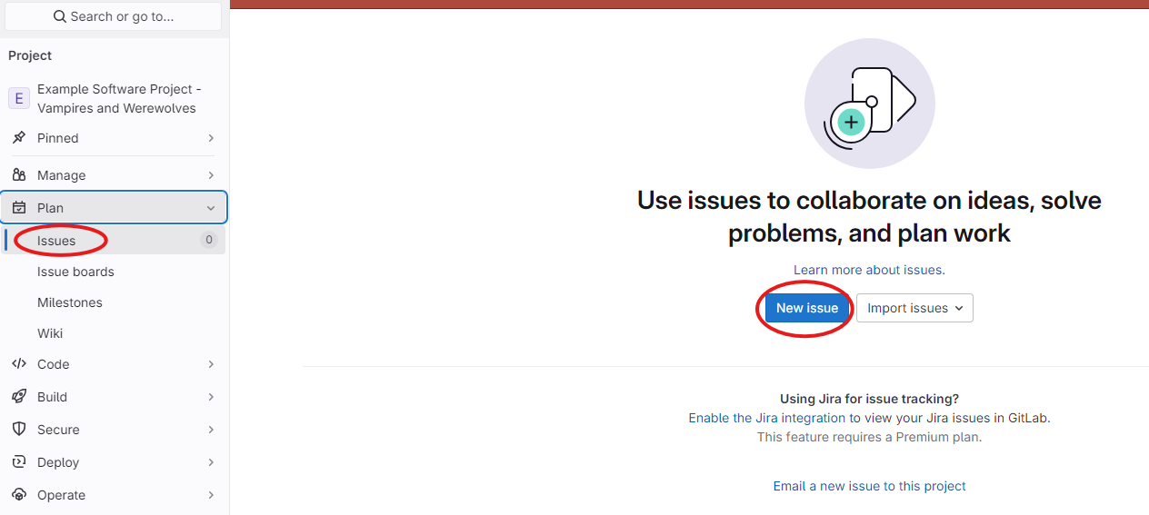 Screenshot of the Issues menu item and Issues page in GitLab