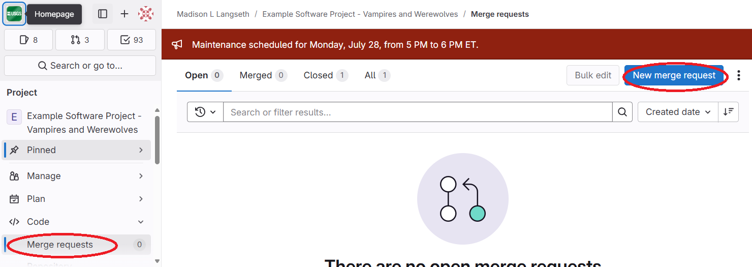 Screenshot of `Merge requests` in the side navigation and the `New merge request` button