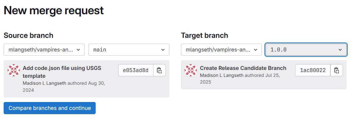 Screenshot of the New merge request source branch and target branch selection