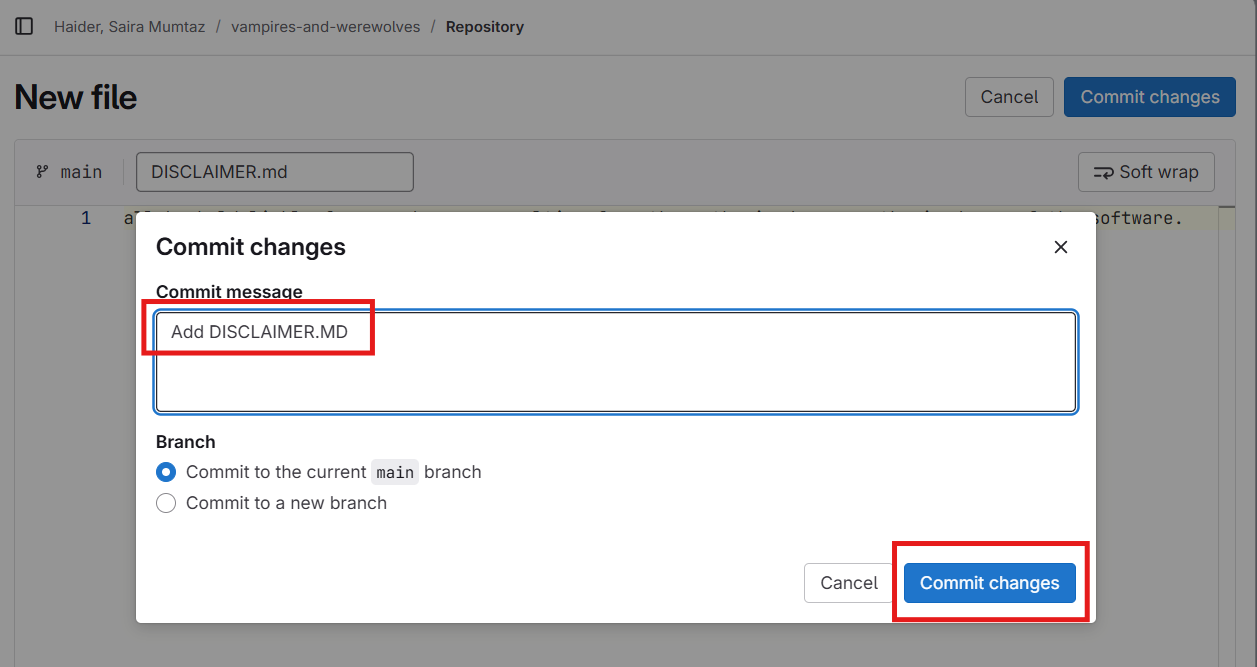 Screenshot showing the box where you can write a commit message in the Gitlab interface