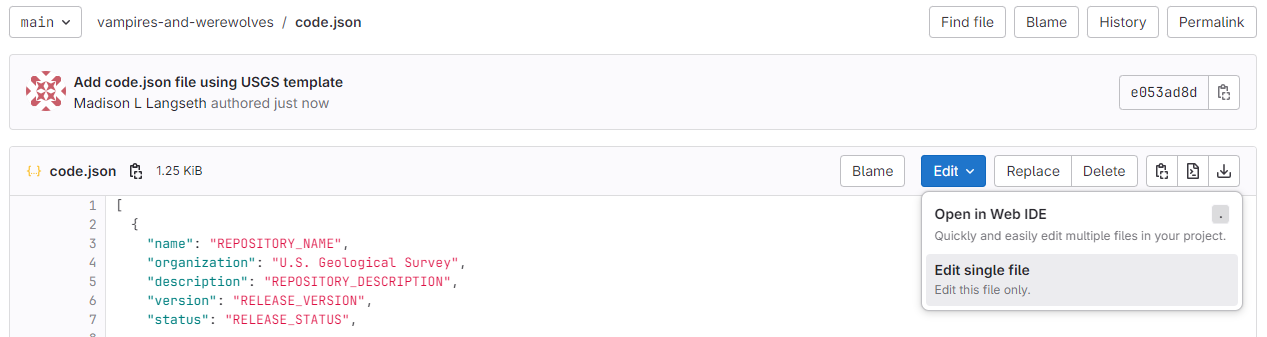 Screenshot of clicking Edit on the code.json file in the web browser