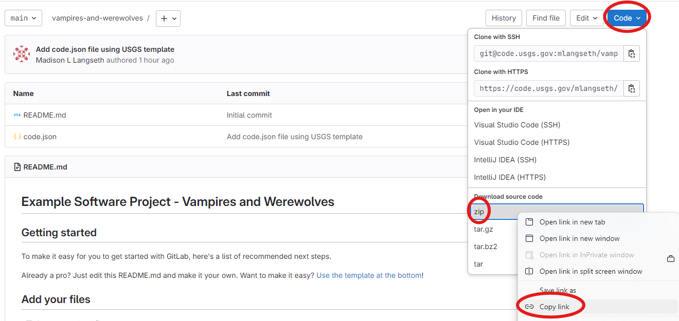 Screenshot of red circle showing where to click Code, zip, and Copy link buttons to get the download url