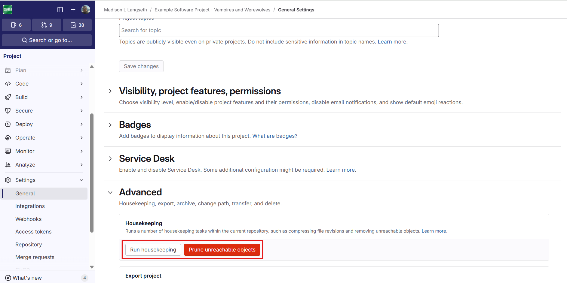 Screenshot of `Housekeeping` in the project advanced general settings.