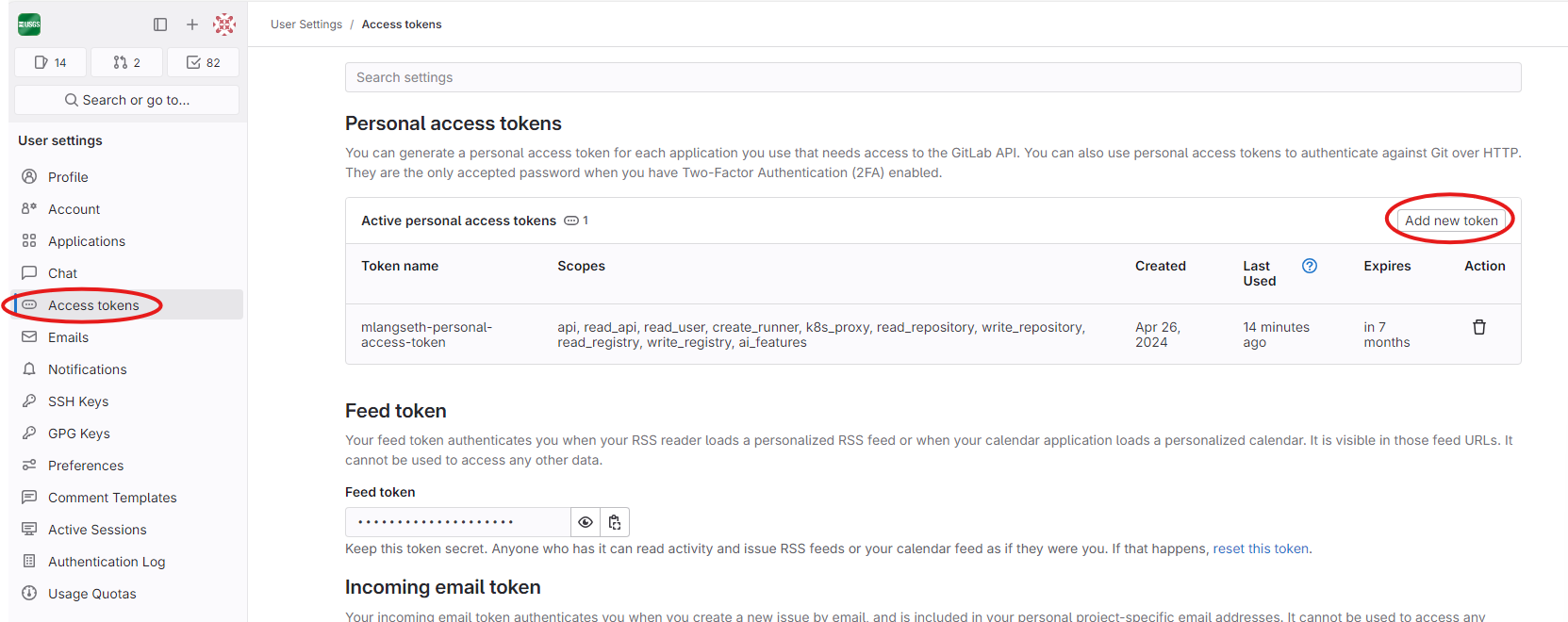 Screenshot of Access tokens page and Add new token button