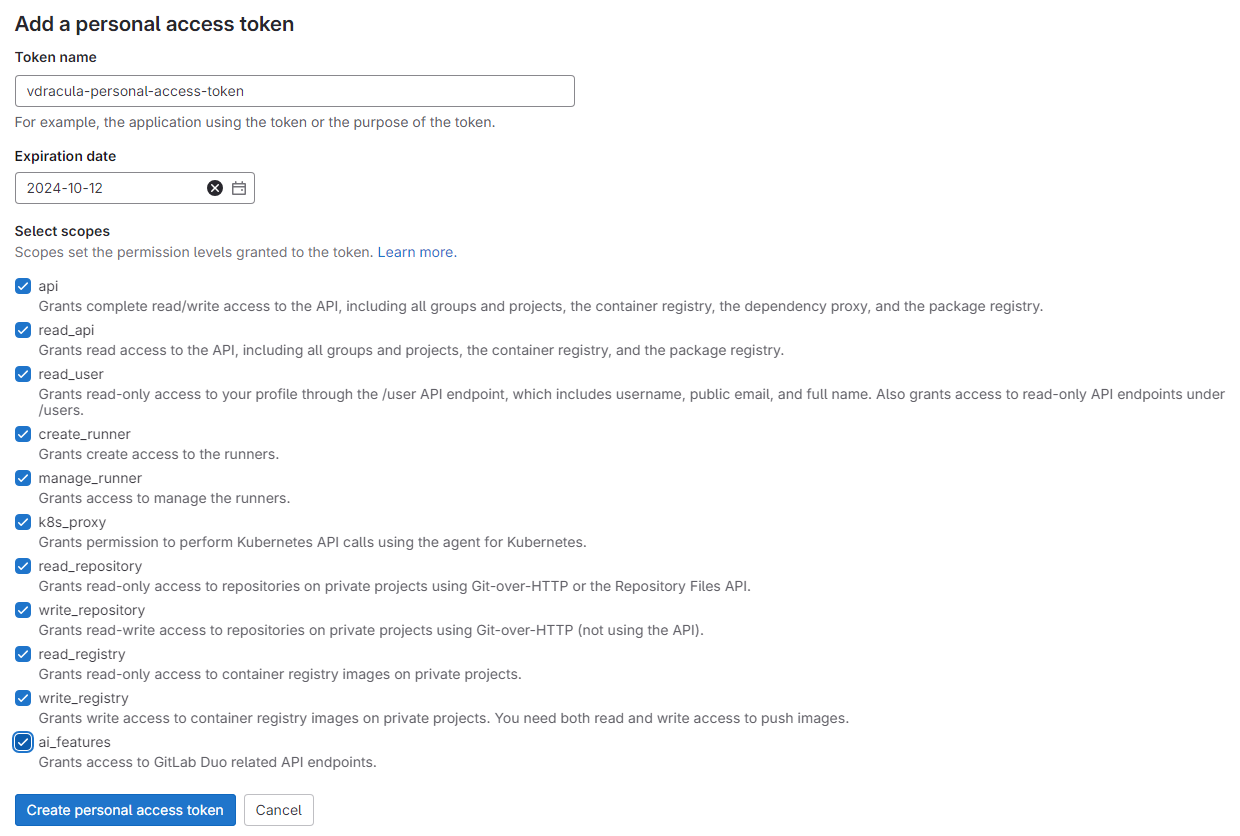 Add a personal access token screen in GitLab with Token name entered and all scopes selected