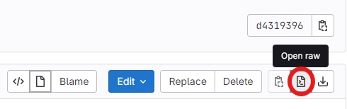 Screenshot of red circle around a button that will Open Raw version of a file