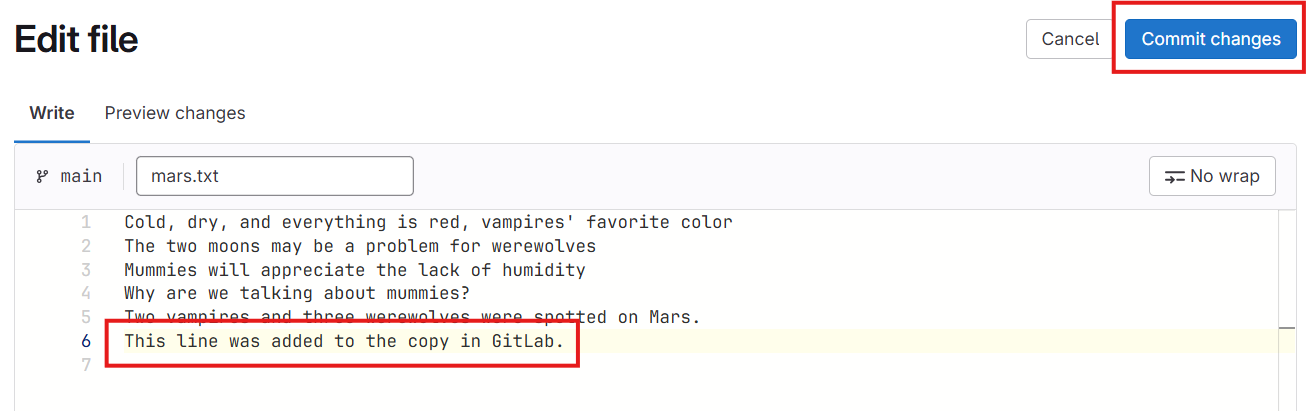 Screenshot adding the line "This line was added to the copy in GitLab." in GitLab