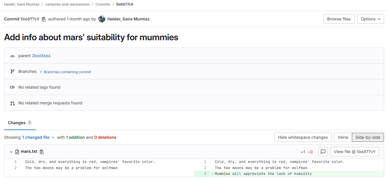 A screenshot showing what was added to mars.txt in a single commit