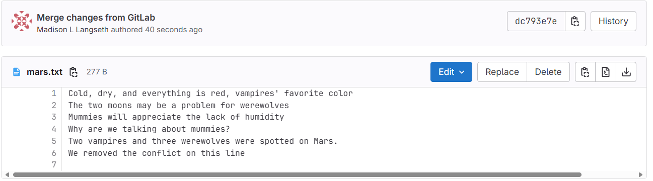Screenshot of mars.txt in GitLab with the merged content