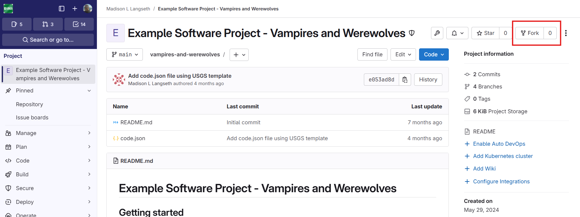 Screenshot of GitLab UI showing location of fork button