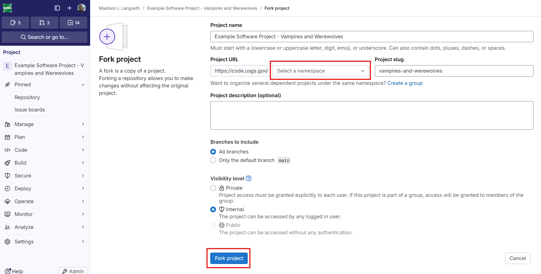 Screenshot of GitLab UI for creating a fork