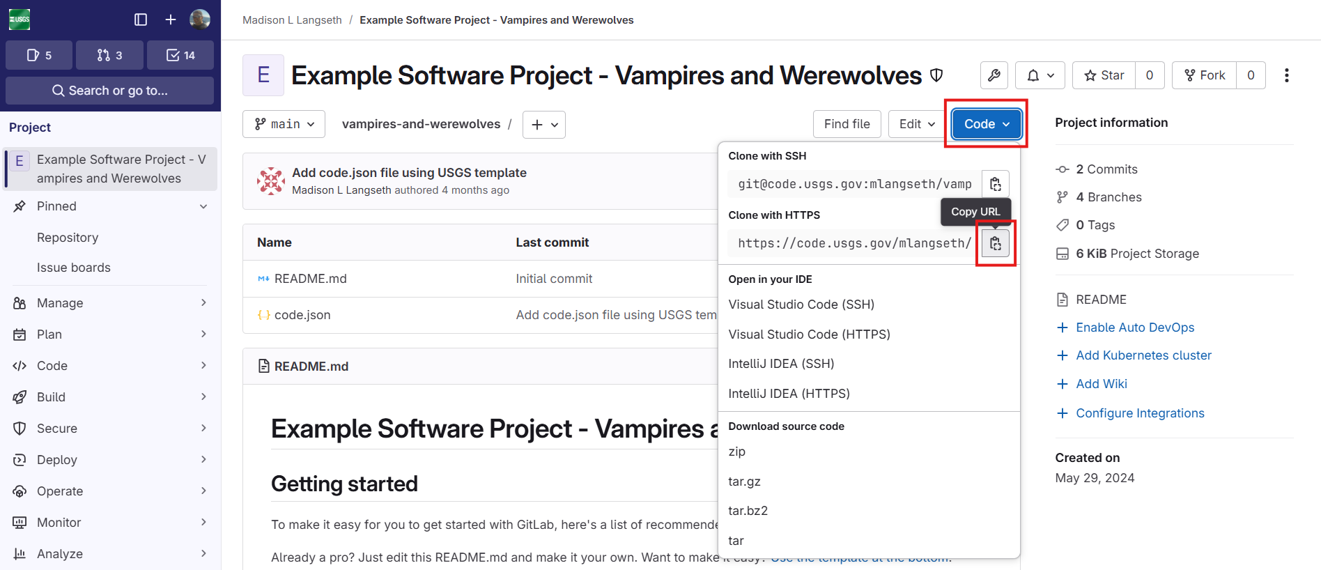 Screenshot of GitLab UI for obtaining ORIGIN_URL