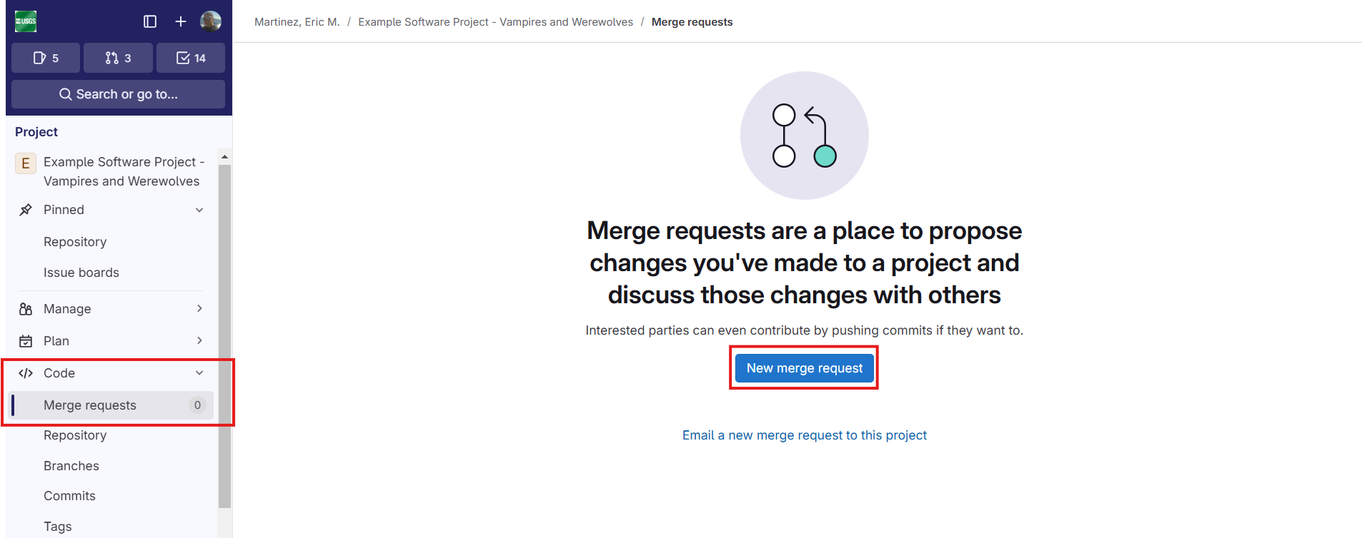 Screenshot of GitLab UI for creating a new merge request
