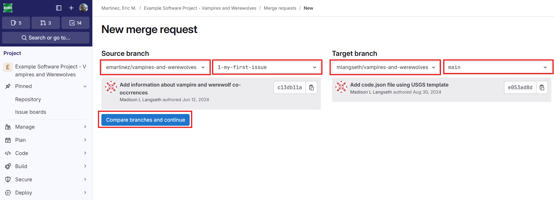 Screenshot of GitLab UI for finalizing new merge request