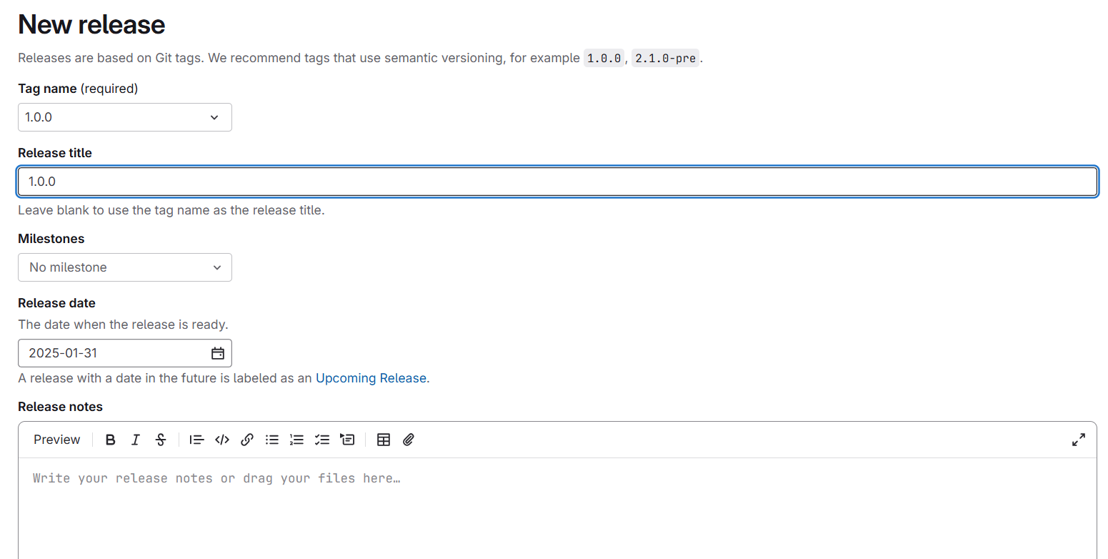 Screenshot of page used to create a Git release