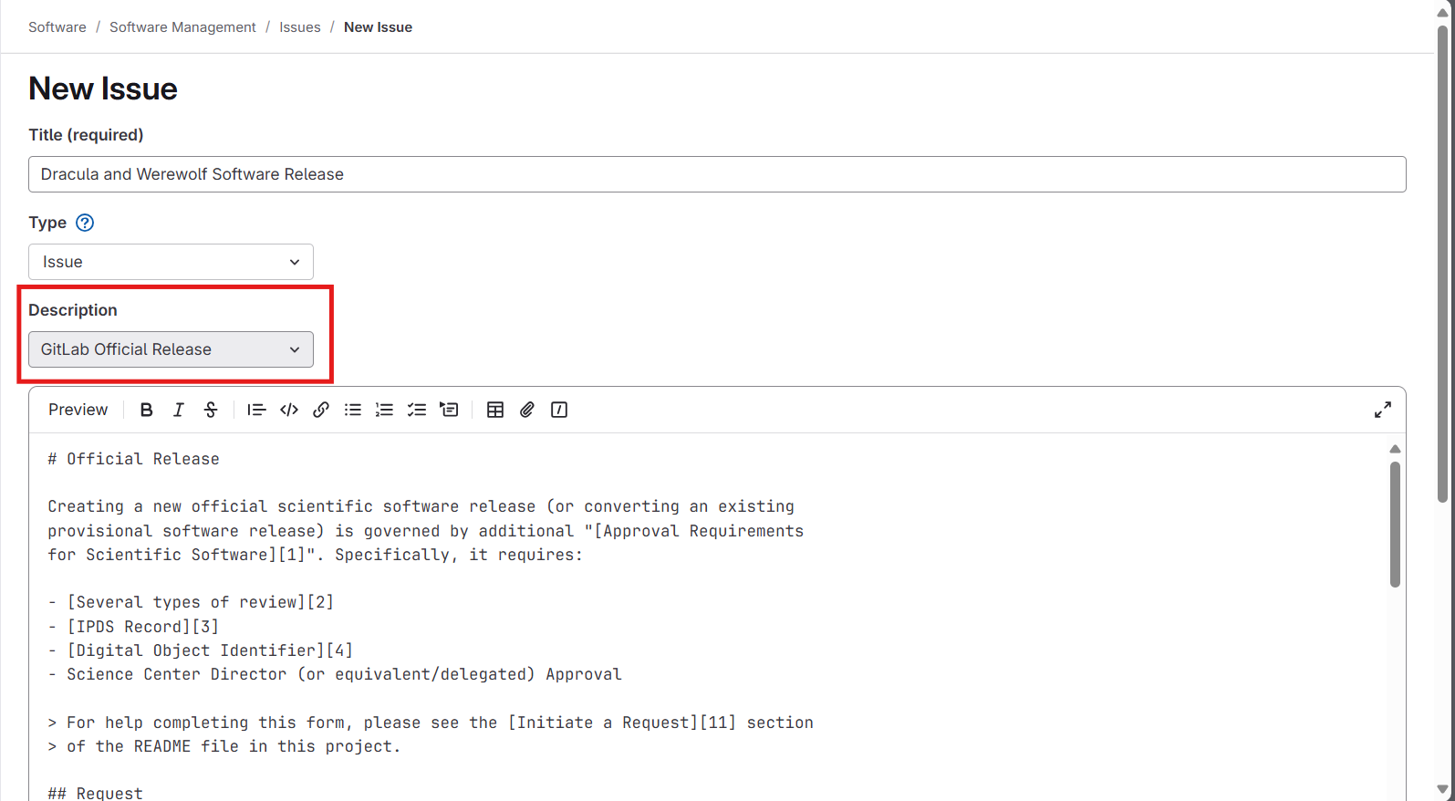 Screenshot of Issue Template for Publishing a Git repository