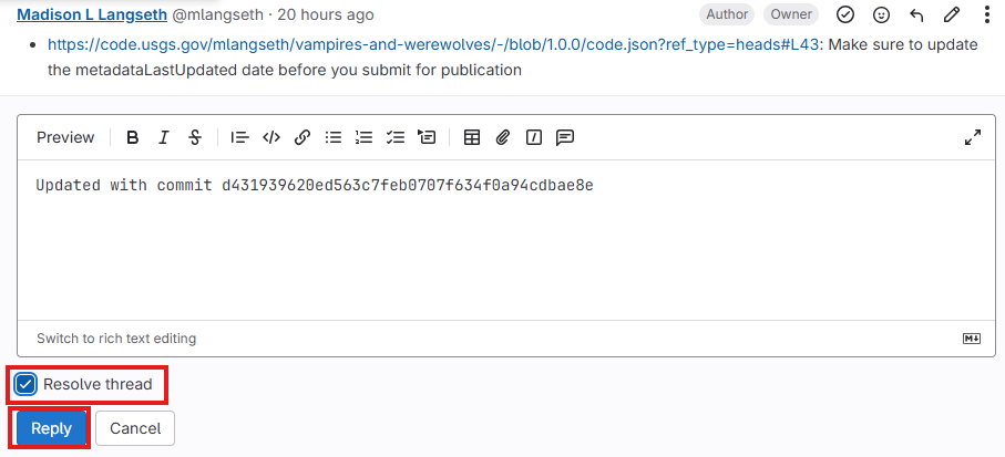 Screenshot of checking the `Resolve thread` checkbox and clicking `Reply` in an issue thread