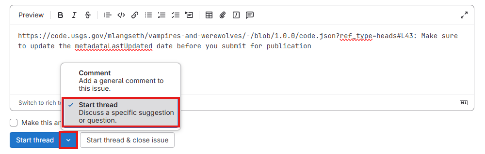 Screenshot of using the dropdown menu next to `Comment` to `Start thread`